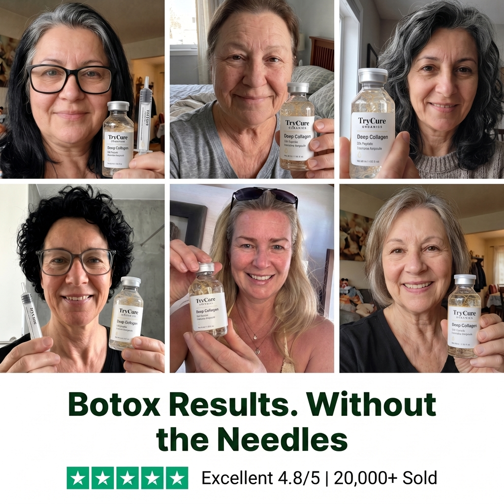 Collage of six women holding TryCure serum bottles.