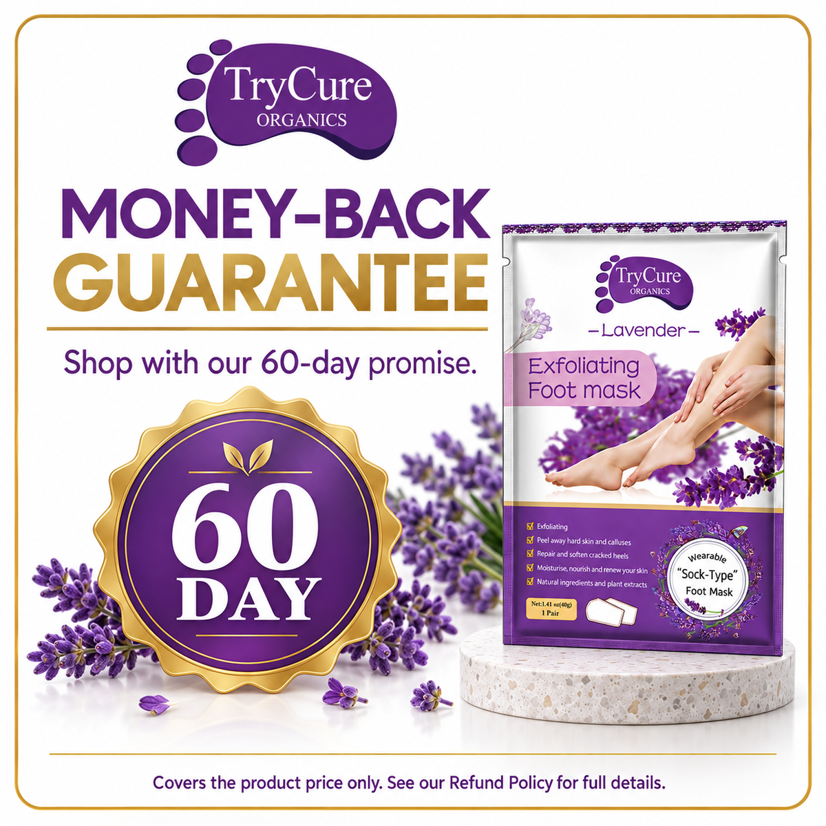 TryCure lavender foot mask — gallery 07 guarantee