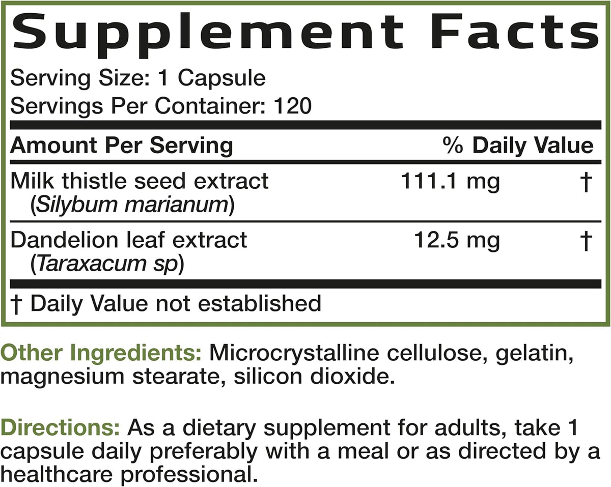 Milk Thistle — Supplement Facts panel from the original 120-capsule product reference