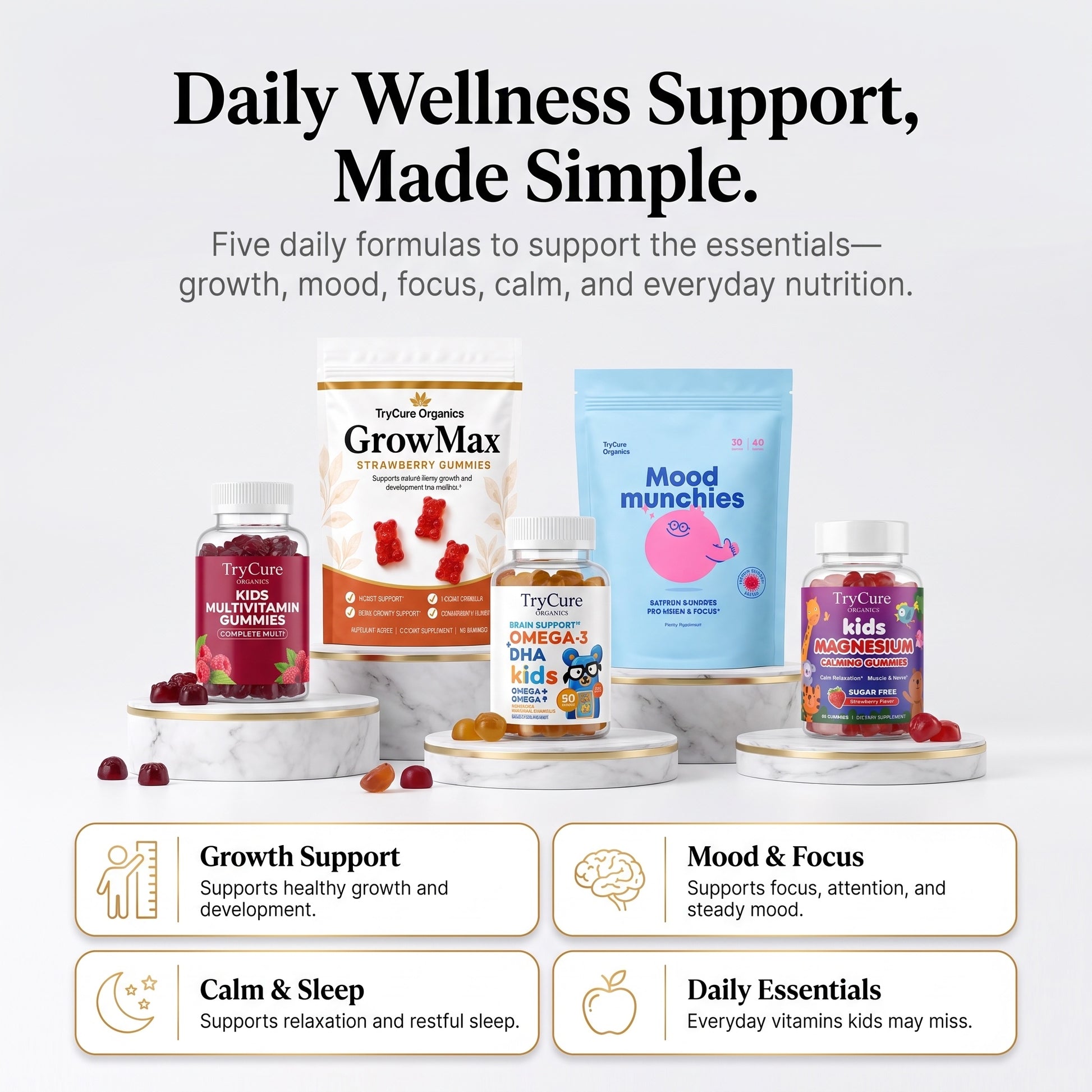 TryCure Healthy Kids Complete Wellness Bundle - five daily gummy formulas