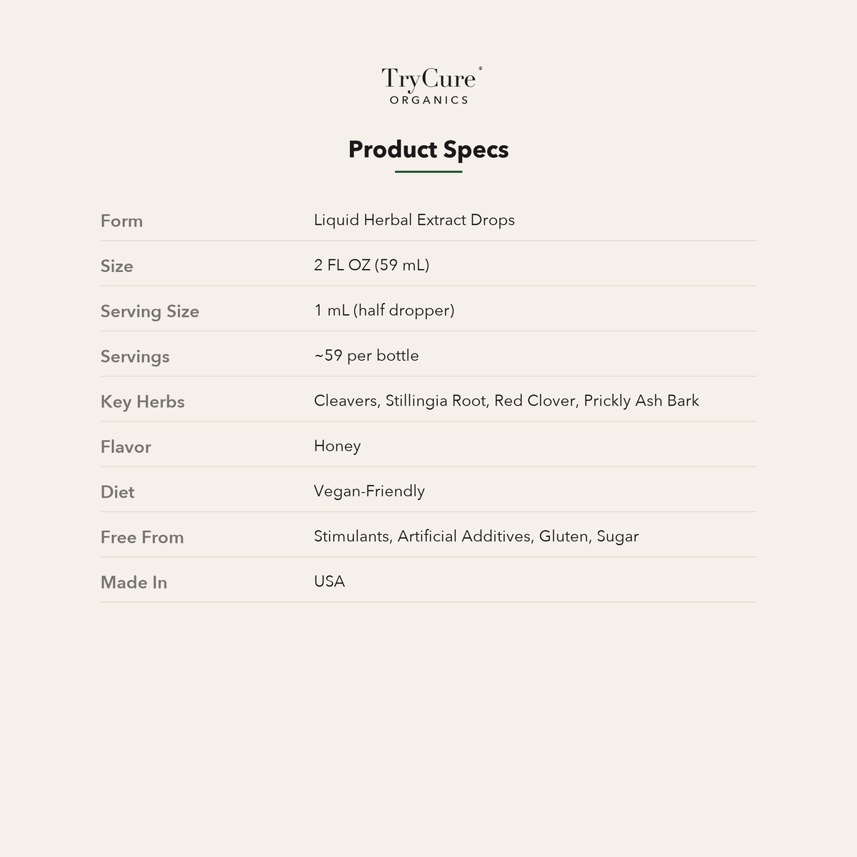 Product Specs - 2 FL OZ liquid herbal extract