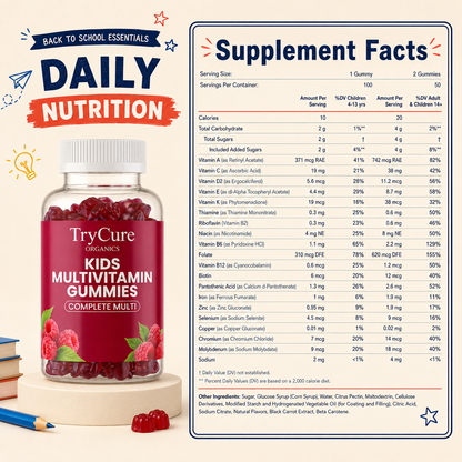 TryCure Kids Multivitamin Gummies Supplement Facts panel.