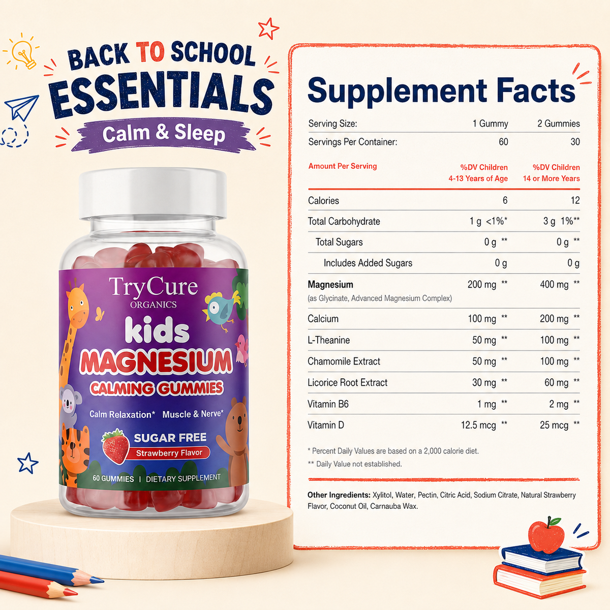 TryCure Kids Magnesium Calming Gummies Supplement Facts panel.
