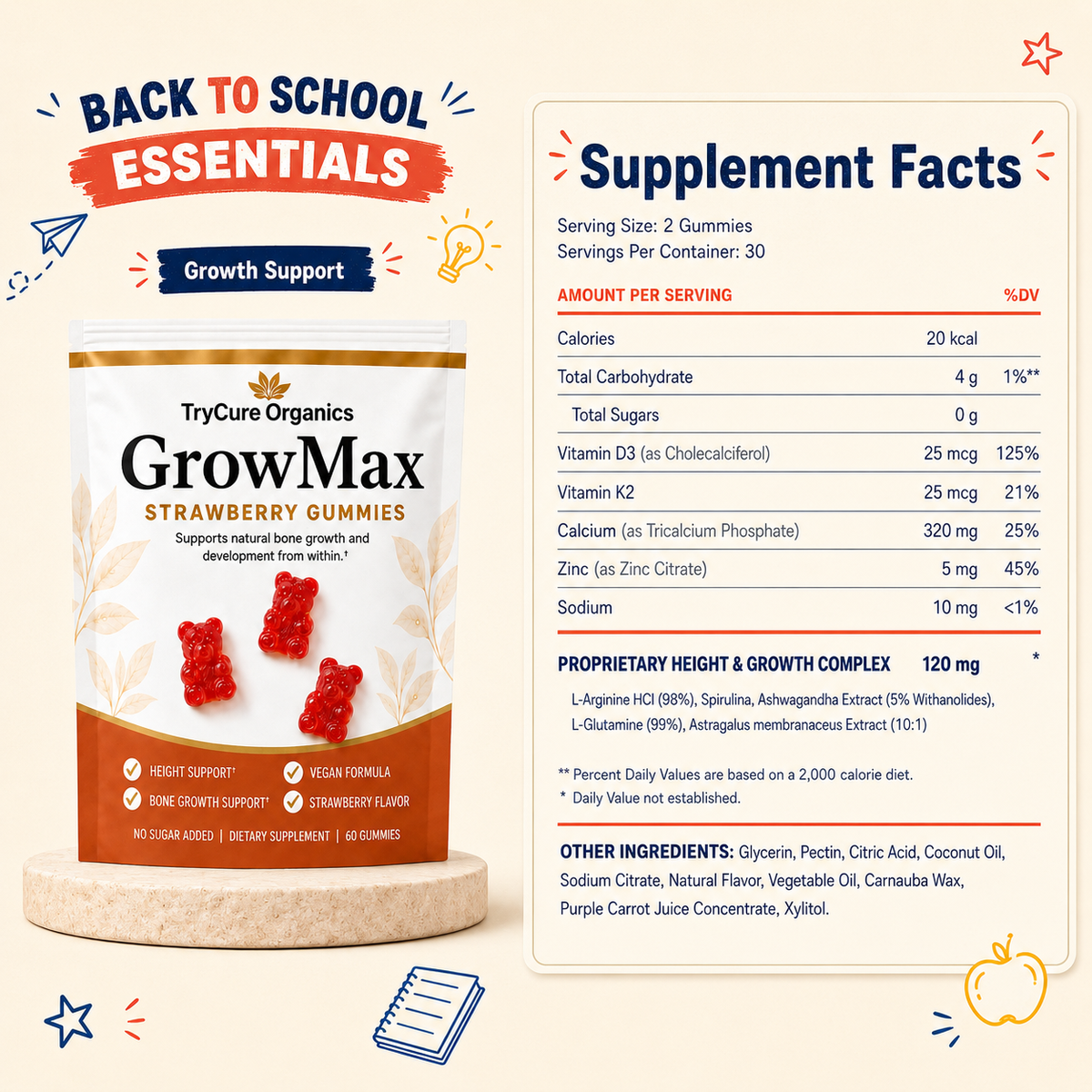 TryCure GrowMax Gummies Supplement Facts panel.