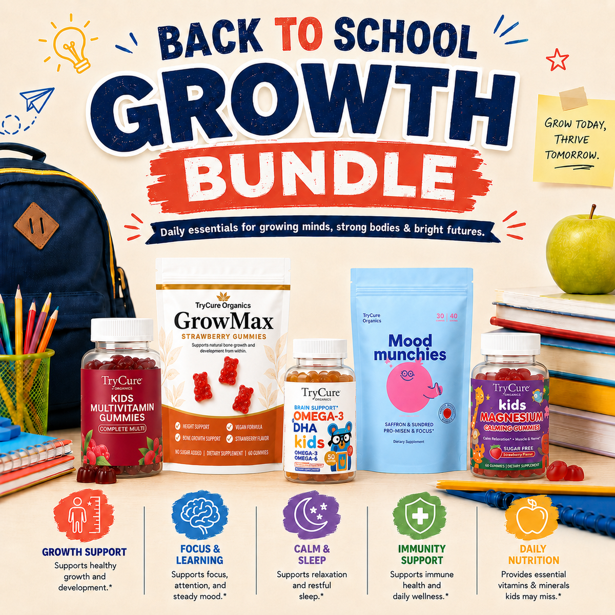 TryCure Back-to-School Growth Bundle with five children's supplements.