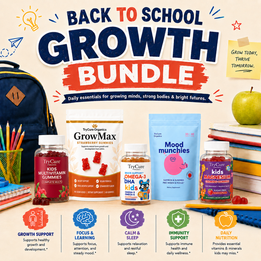 TryCure Back-to-School Growth Bundle with five children's supplements.