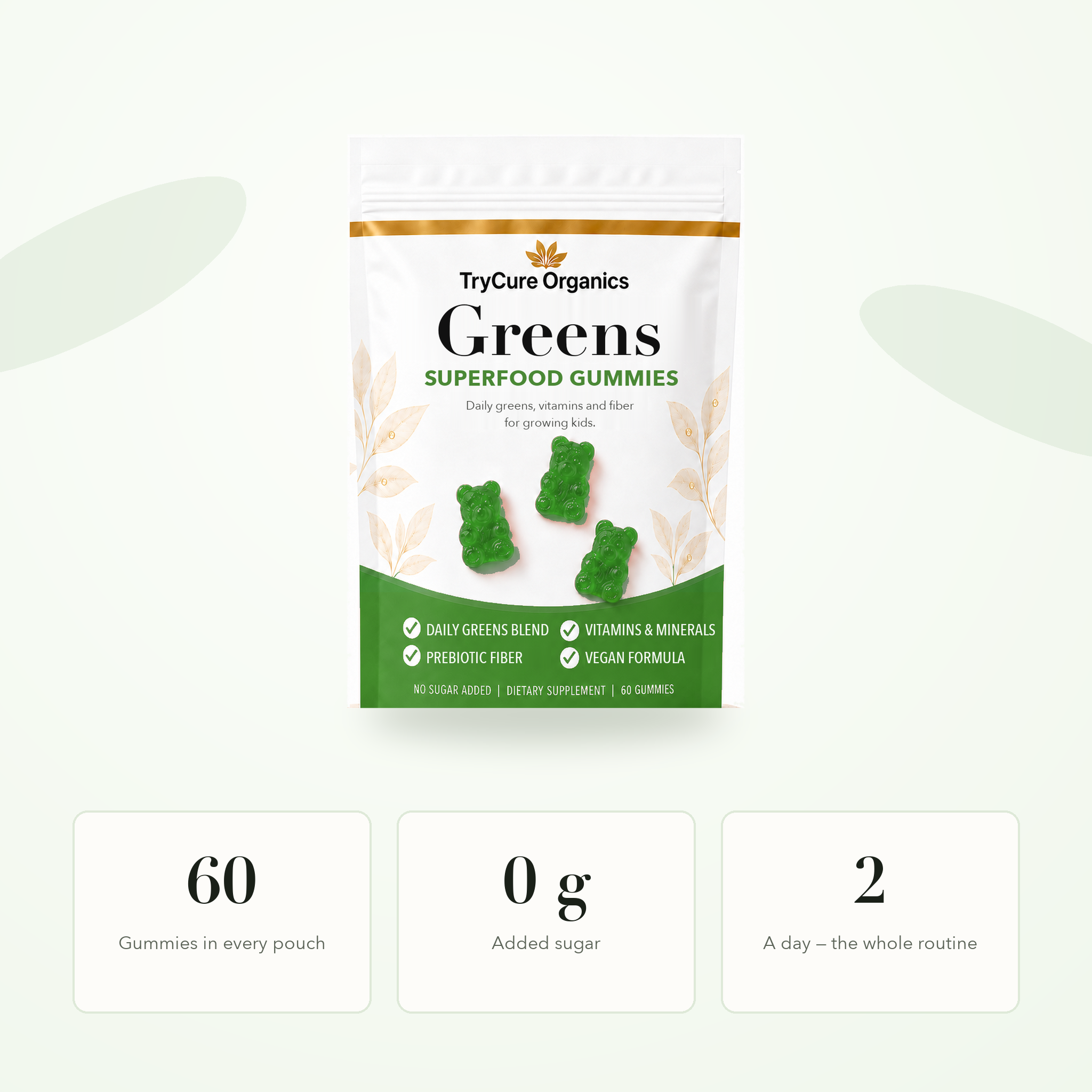 TryCure Greens pouch and transparent label facts