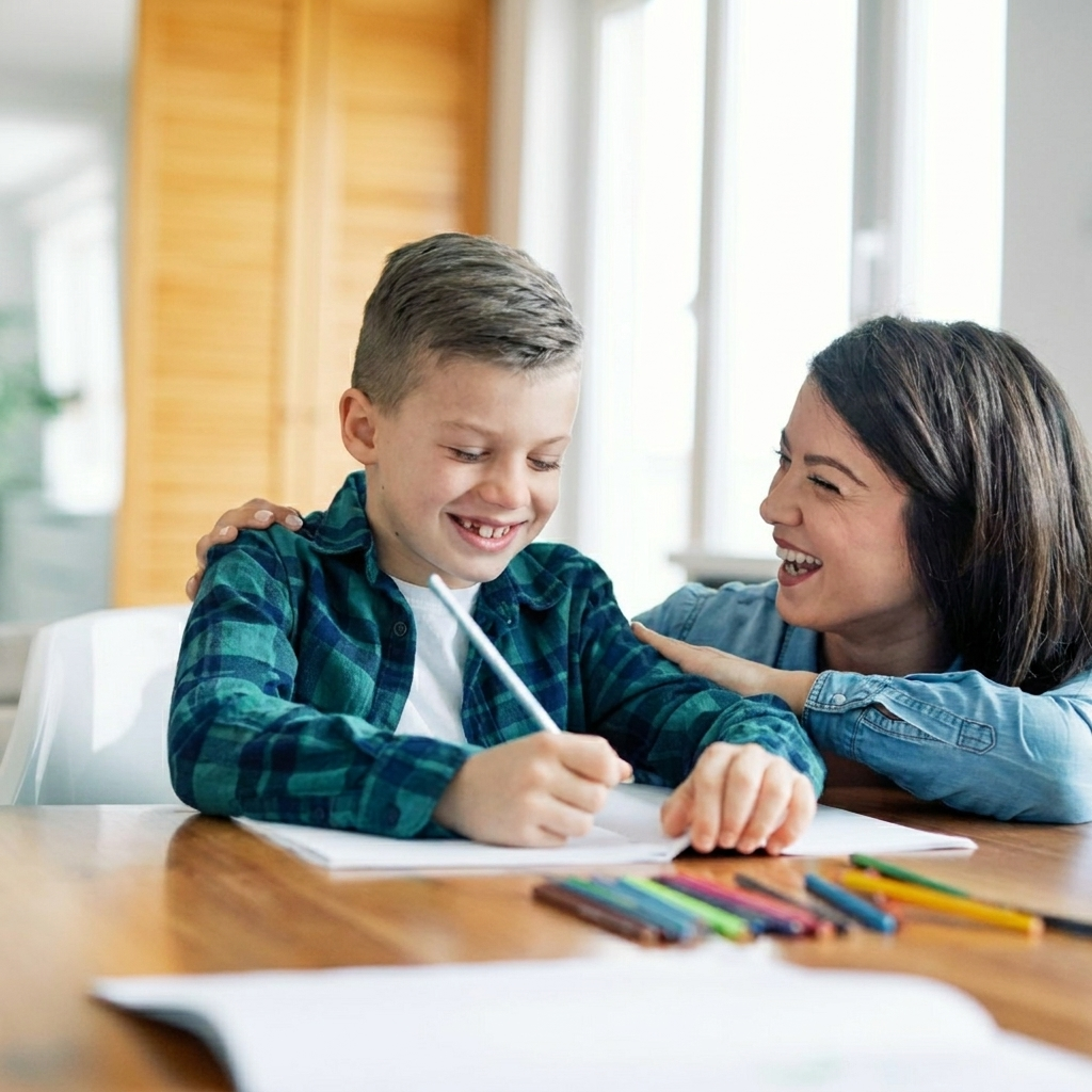 Parent and child beginning schoolwork together