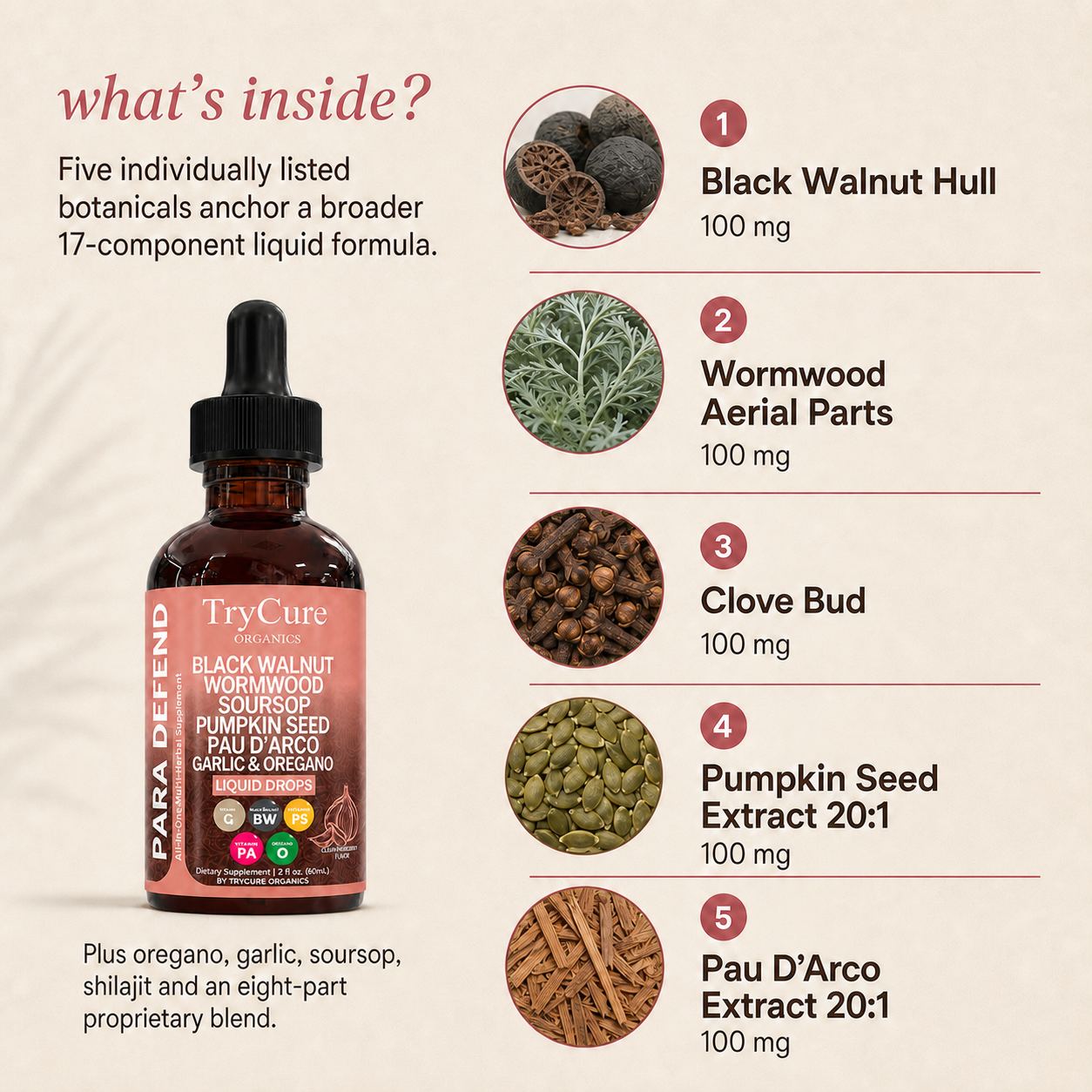 TryCure Black Walnut Wormwood Parasite Cleanse — 05 ingredients coral bottle