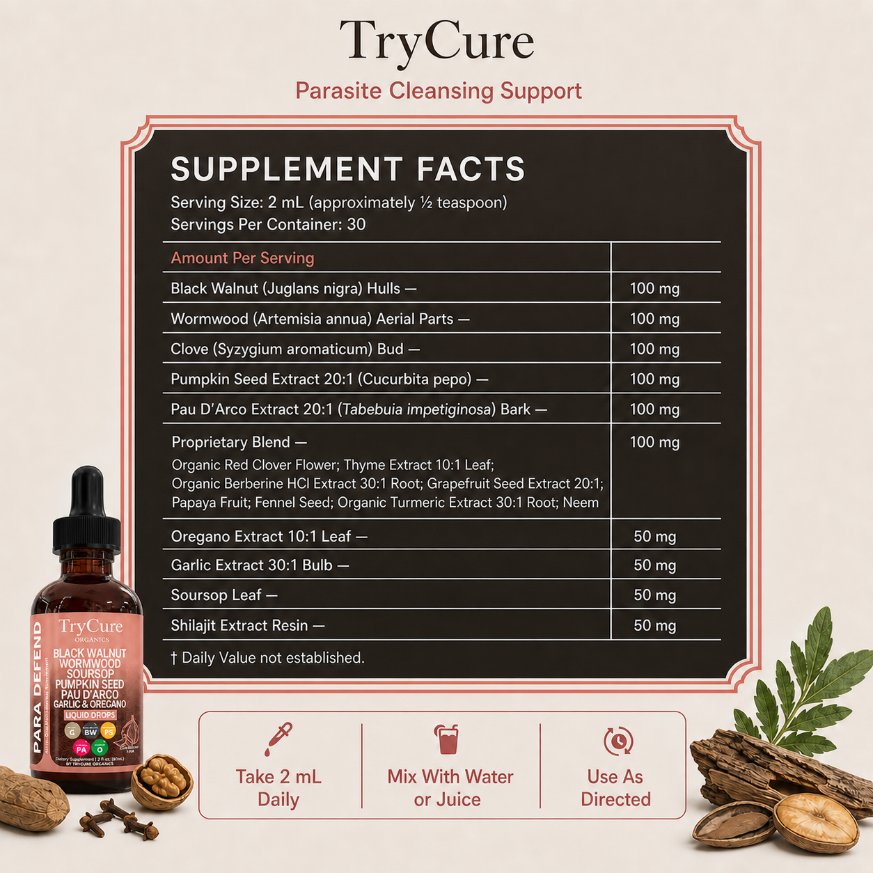 TryCure Black Walnut Wormwood Parasite Cleanse — 07 supplement facts coral bottle