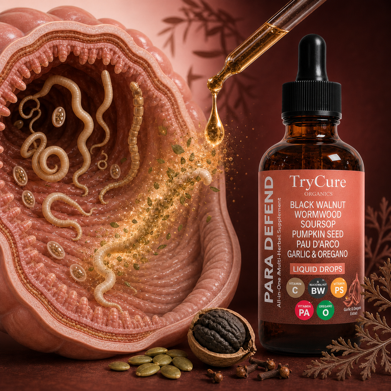 Illustration of TryCure botanical drops targeting the parasite life cycle in the gut