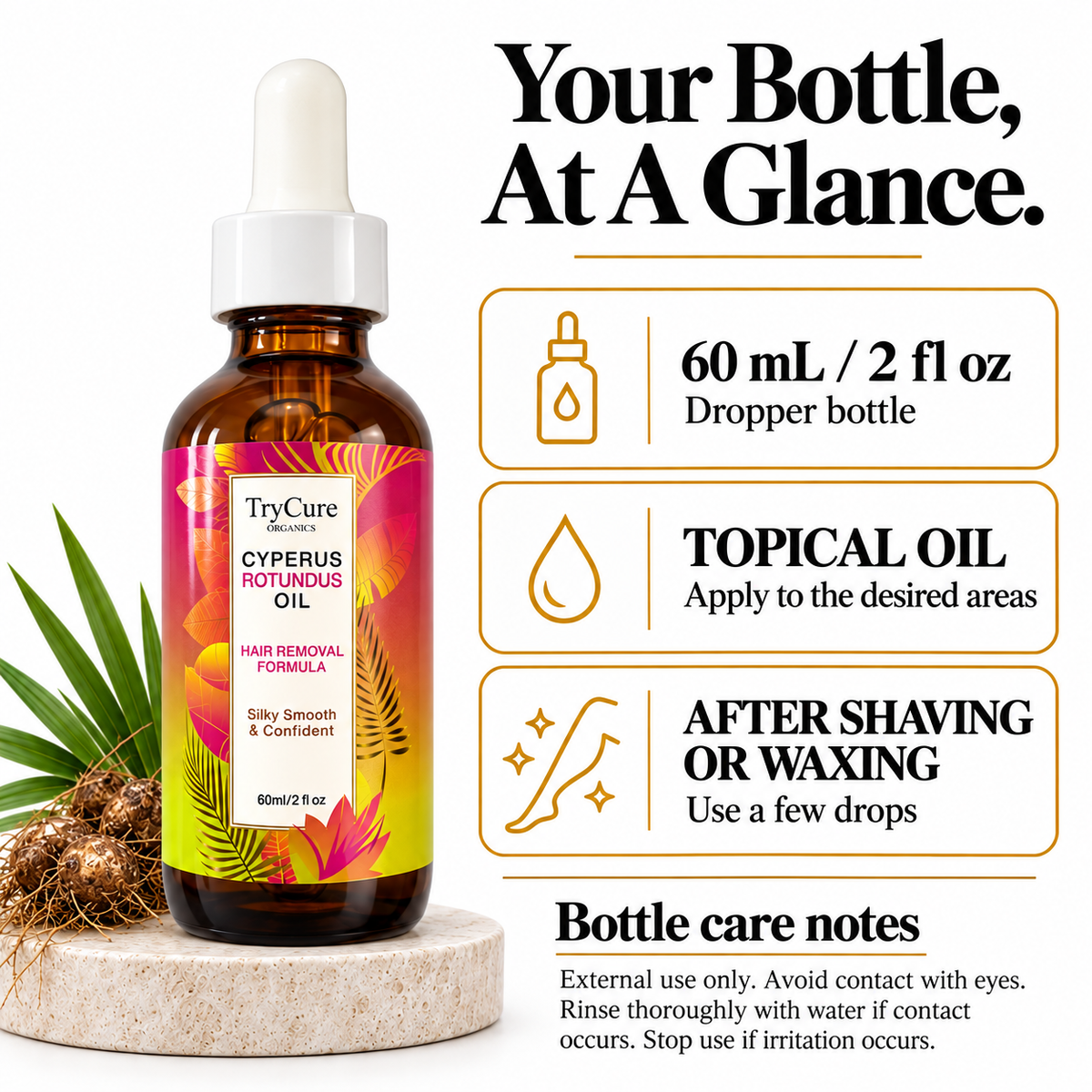 TryCure Cyperus Rotundus Oil — bottle details and care