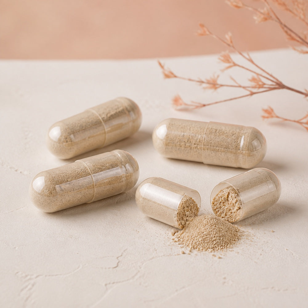 Vegetable capsules filled with slippery elm powder