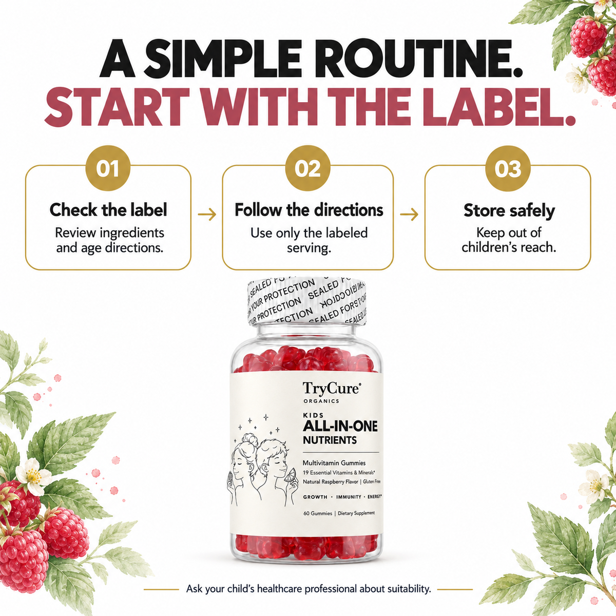 TryCure® Multivitamin Gummies For Kids — label-led use and storage
