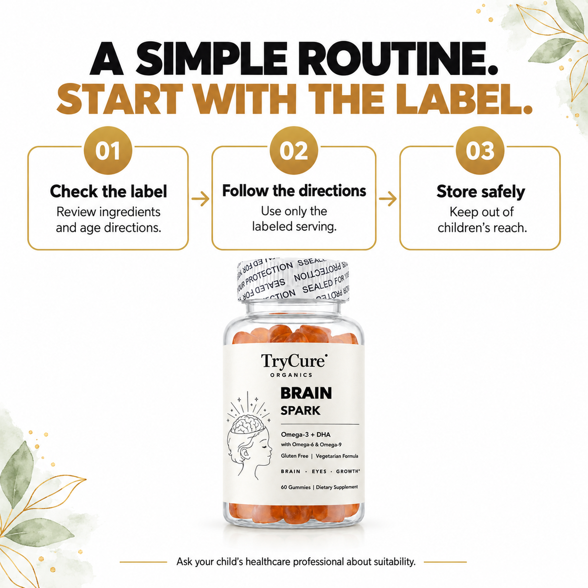 TryCure® Omega 3 - DHA Gummies For Kids — label-led use and storage