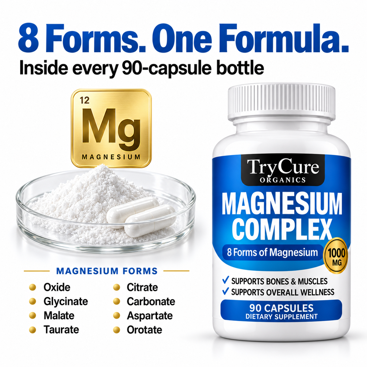TryCure Magnesium Complex 90-capsule bottle with all eight magnesium forms