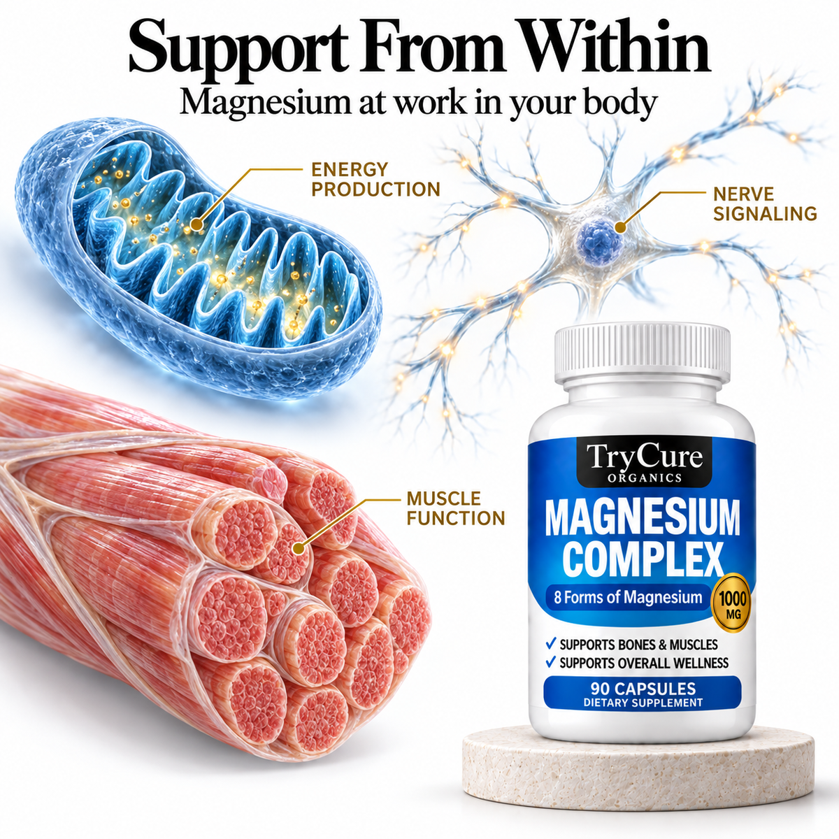 TryCure Magnesium Complex bottle with scientific illustrations of energy production, nerve signaling and muscle function