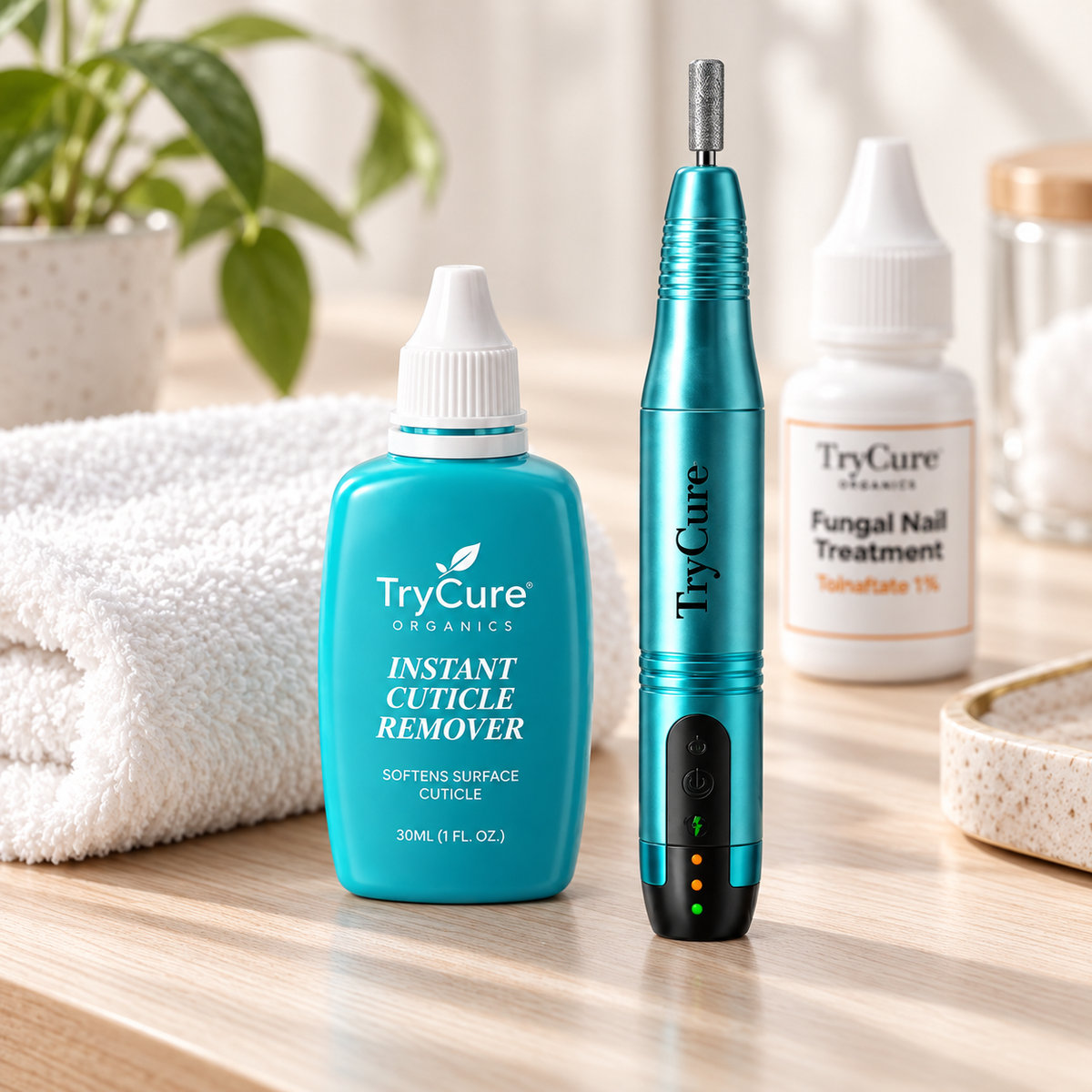 TryCure nail preparation tool and cuticle remover beside a towel