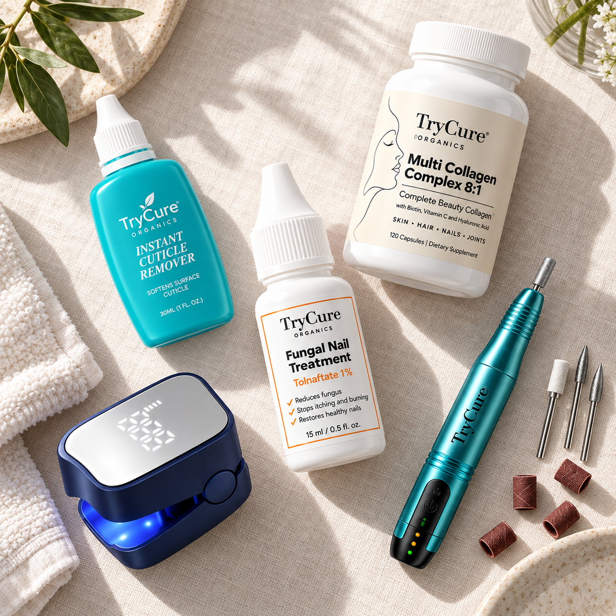 TryCure nail protocol products arranged on linen