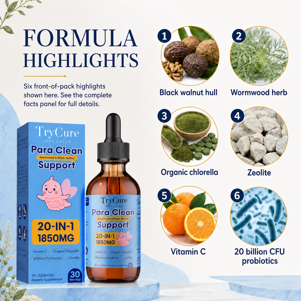 TryCure Para Clean Support formula highlights including black walnut hull, wormwood herb, chlorella, zeolite, vitamin C, and probiotics