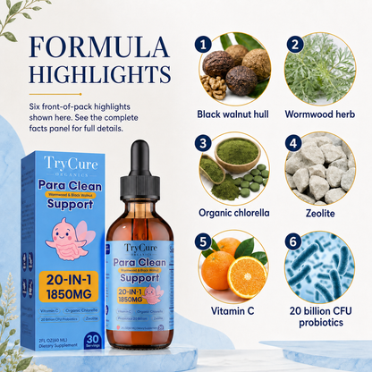 TryCure Para Clean Support formula highlights including black walnut hull, wormwood herb, chlorella, zeolite, vitamin C, and probiotics