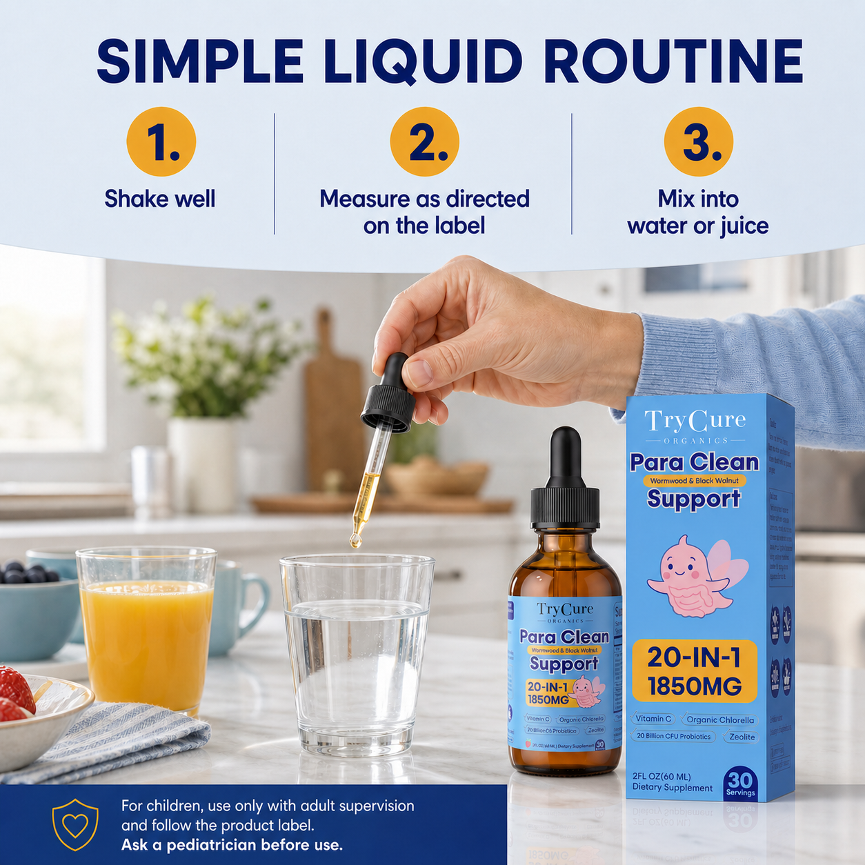 TryCure Para Clean Support three-step liquid routine with adult supervision guidance