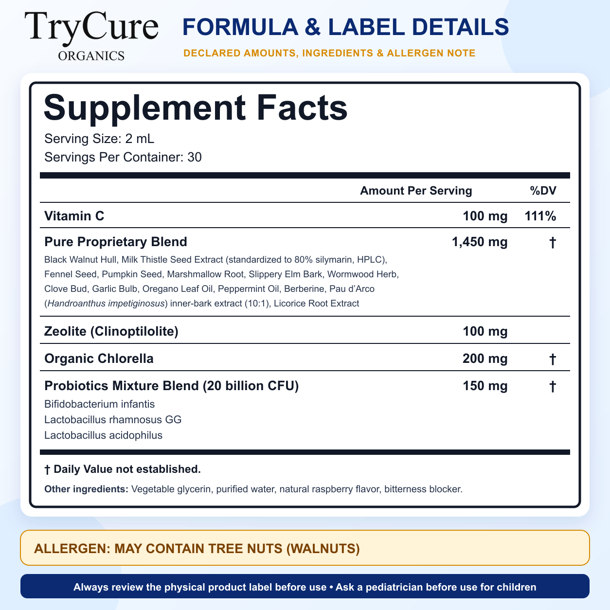 TryCure Para Clean Support Supplement Facts, other ingredients, and walnut allergen statement