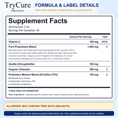 TryCure Para Clean Support Supplement Facts, other ingredients, and walnut allergen statement