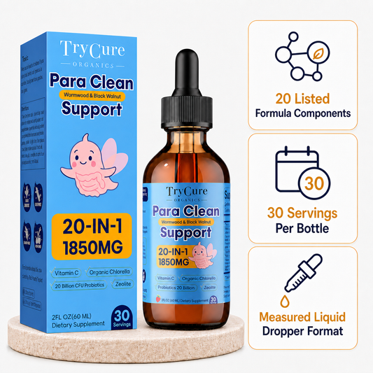 TryCure Para Clean Support for Kids product carton and dropper bottle with formula, serving, and format highlights