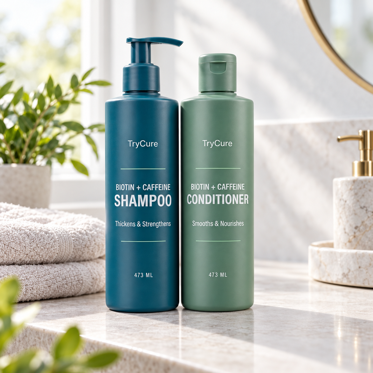 TryCure® Biotin Caffeine Shampoo and Conditioner Set — product lifestyle photo
