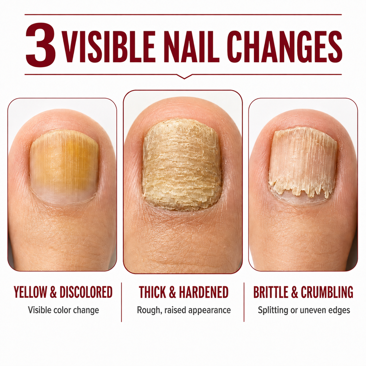 Visual guide to yellow or discolored, thick or hardened, and brittle or crumbling toenails.