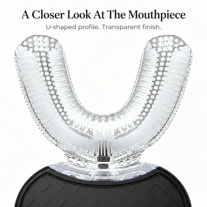 Close-up of the transparent bristled U-shaped mouthpiece