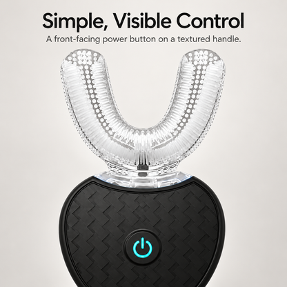 Textured black toothbrush handle with turquoise power button