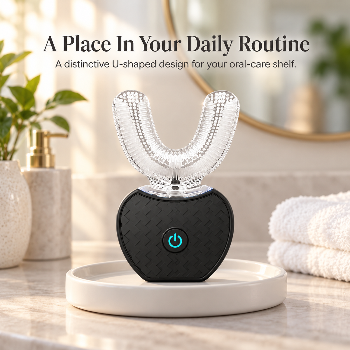 U-shaped toothbrush on a bathroom vanity
