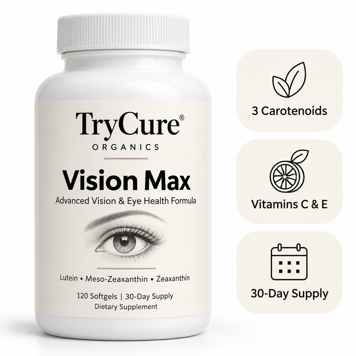 TryCure Vision Max packaging mockup — 120 softgels, 30-day supply