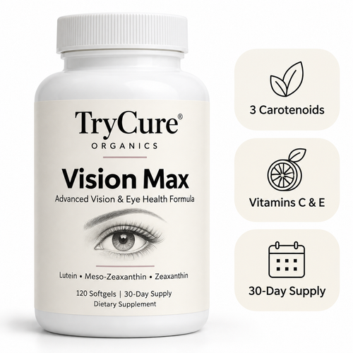 TryCure Vision Max packaging mockup — 120 softgels, 30-day supply