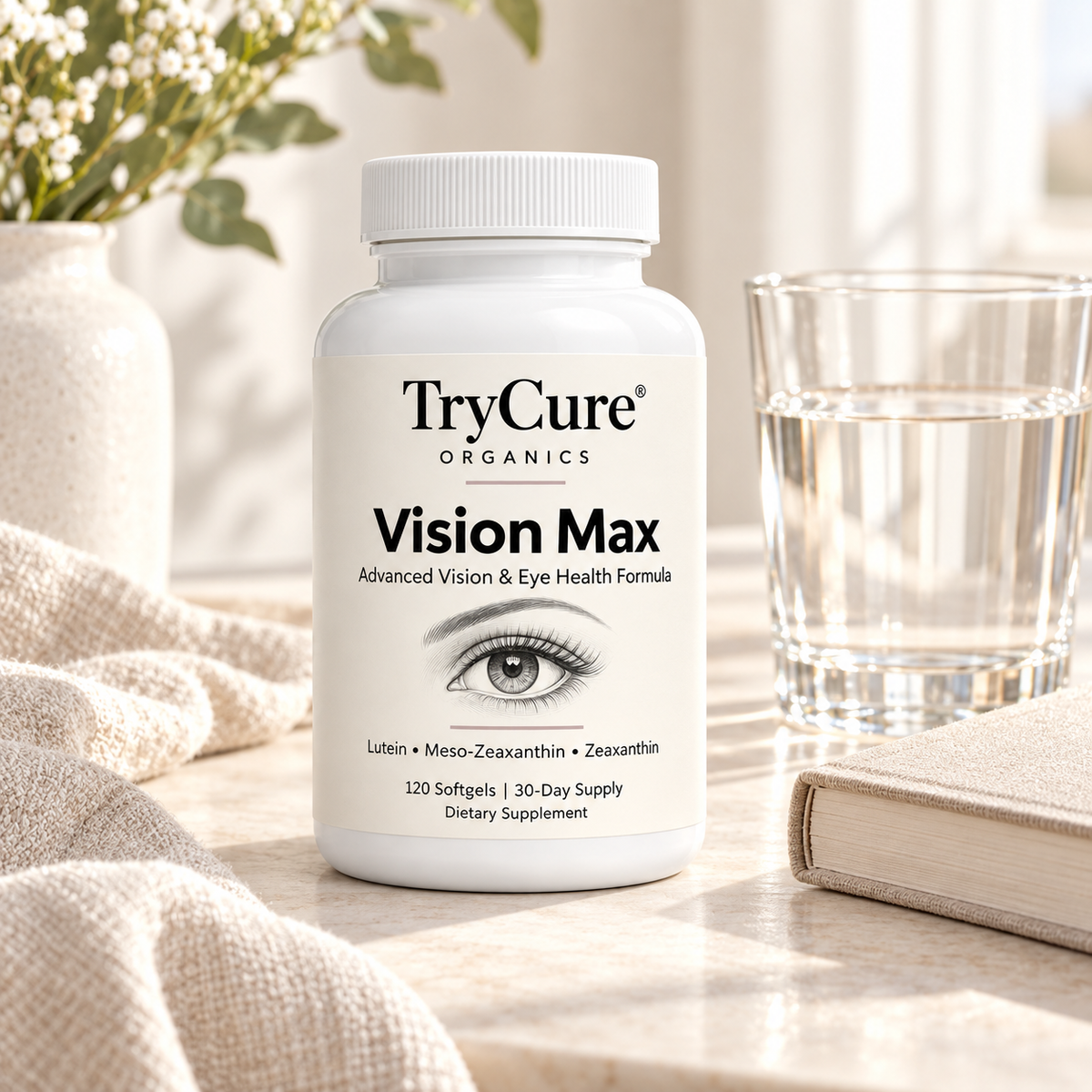 TryCure Vision Max packaging mockup beside a glass of water