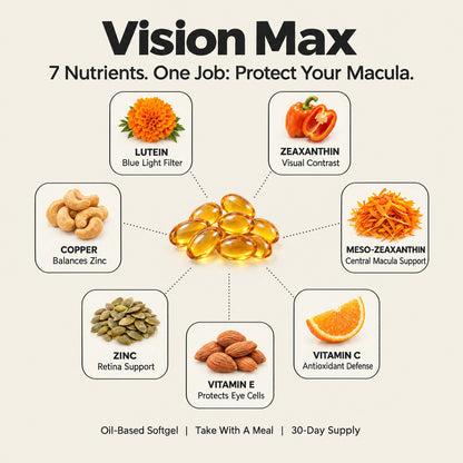 Vision Max ingredients: lutein, zeaxanthin, meso-zeaxanthin, vitamins C and E, zinc and copper
