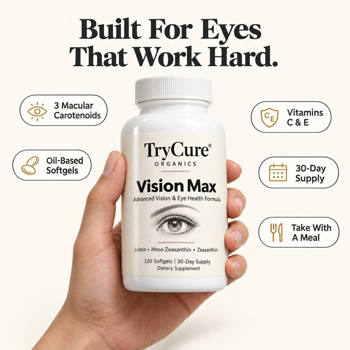 Hand holding a bottle of TryCure Vision Max