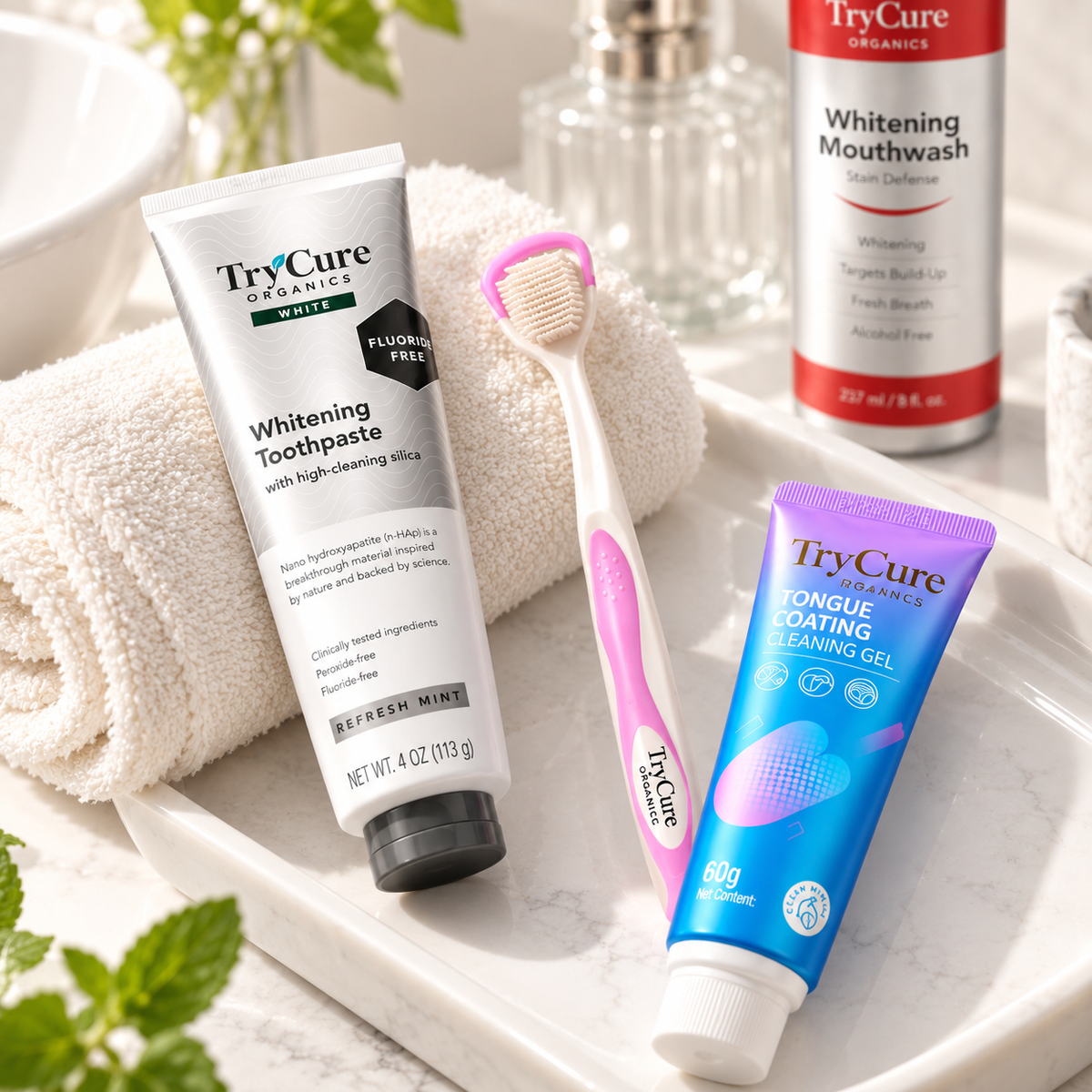 TryCure toothpaste and tongue care products on a bathroom tray
