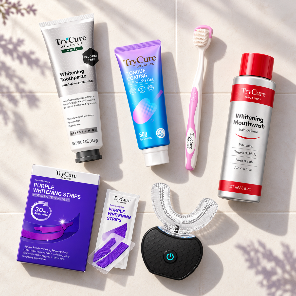 TryCure whitening protocol oral care products arranged on ivory tile